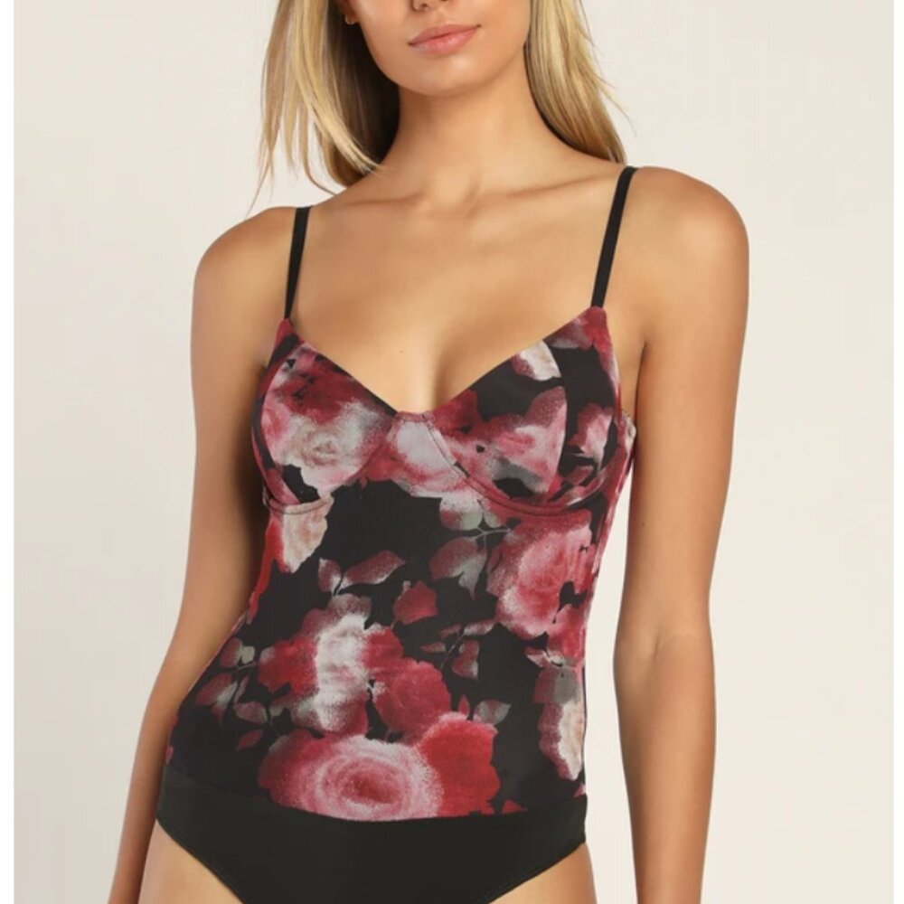 Lulus Black Floral Bustier Bodysuit